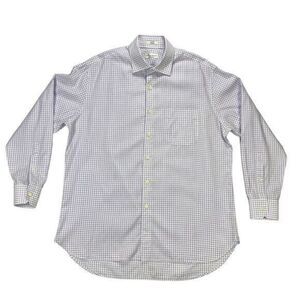 Peter Millar Dress Shirt Mens Sz 17 Long White Purple Plaid Cotton Button Front